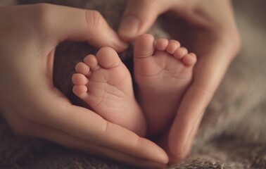 A close-up, tender image of an adult&rsquo;s hands gently cradling the tiny feet of a newborn baby, forming a heart shape. The soft, warm focus and natural lighting evoke feelings of love, care, protection,