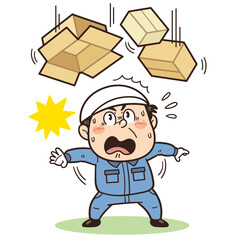 ダンボール等の落下物や飛来落下に驚いている工場・現場の作業員イラスト｜不安全行動・不安全状態・リスク