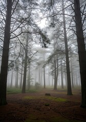 Naklejka premium Ethereal Forest Scene - Misty Woods with Tall Trees.