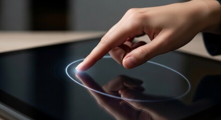 Human finger interacting with a glowing touchscreen device, showing a digital interface.