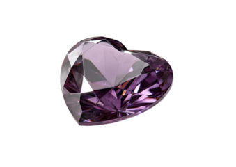 Faceted heart-shaped purple gemstone on black backdrop
