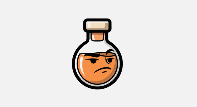 An angry, cartoonish potion bottle with orange liquid and a stopper, on a white background