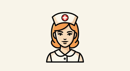 Illustration of a smiling female nurse in a white uniform and a cap with a red cross