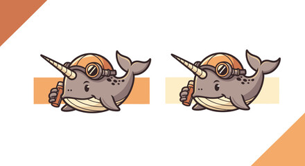 Two cartoon narwhals wearing goggles and helmets, holding small bottles. Warm color palette © arlitaayu