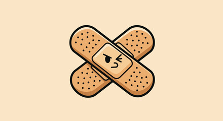 Cartoon-style crossed bandages with an annoyed face. Background is a soft beige color