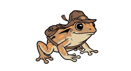 A cartoon frog with a hat and backpack, smiling, on a white background