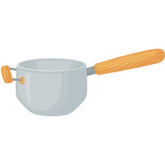 Silver Metal Pot With Wooden Handle And Two Side Handles On White Background