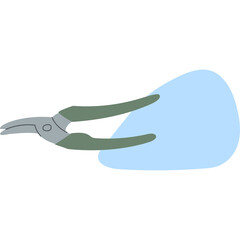 Silver metal pruning shears with gray handles cutting a light blue abstract shape on a transparent background