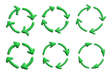 Set of 3d recycle arrow icon Recycling resources symbol Reuse of materials, zero waste, green environment, saving the planet
