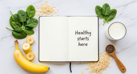 Open Notebook with Healthy Starts Here Message and Fresh Food Items