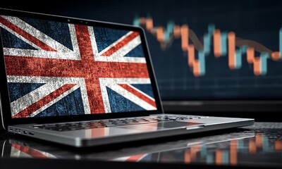 Financial stock market charts and graphs representing the economic performance of the united kingdom with a subtle overlay of the union jack flag - Powered by Adobe