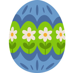 Blue Easter Egg Decorated With Green Floral Pattern And White Flowers In A Row With Orange Centers On A Transparent Background