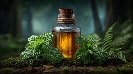 Soft-focused background with a clear bottle of peppermint essential oil resting among dewy green mint foliage.