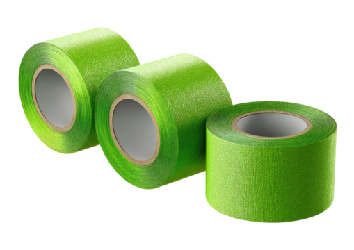 Three rolls of bright green tape on a black backdrop