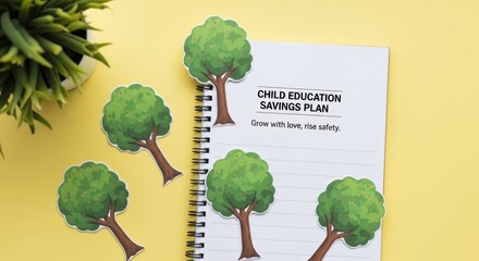 Child education savings plan illustrated with tree graphics on a notebook