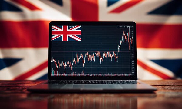 Financial stock market charts and graphs displaying economic data analysis with a subtle overlay of the united kingdom flag symbolizing national commerce and investment trends - Powered by Adobe