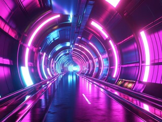 Futuristic tunnel with neon lights in shades of pink and blue leading to a bright light source