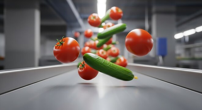 Conveyor Belt with Floating Tomatoes and Cucumbers Fresh Produce Processing