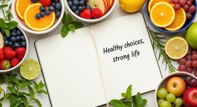 Healthy food composition with open notepad including fruits and berries