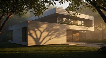 Luxurious modern architectural home with a minimalist concrete design, set in a tranquil forest setting with warm sunlight and tree shadows