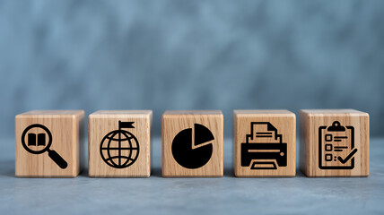 Wooden cubes with magnifier book globe flag pie chart printer and checklist icons for research global reporting data analysis documentation and office workflow