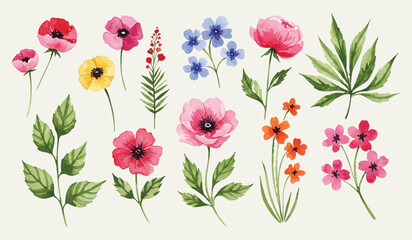 Artistic set of various watercolor flowers and leaves. A hand-painted botanical collection featuring colorful blossoms and foliage, isolated for creative design and decoration projects. © E Faysal