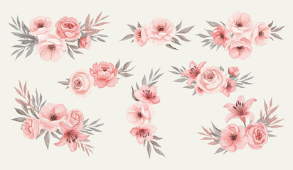 Elegant Watercolor Floral Arrangements Pink Roses, Lilies, and Leaves for Invitations and Designs