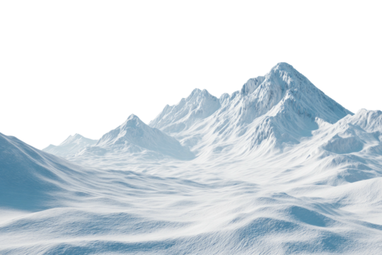 Snow-capped mountains, textured snowscape under sunny sky