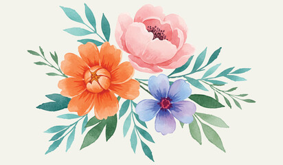 Watercolor Floral Arrangement A Delicate Harmony of Pink, Orange, and Blue Flowers with Verdant Green Leaves