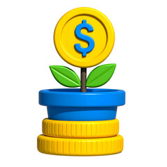 Cartoon image of money growing in a pot, with dollar sign on coin