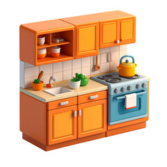 Cartoon kitchen with orange cabinets, stove, sink, and cooking utensils, bright and inviting