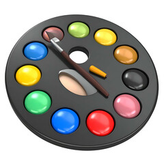 Cartoon paint palette with various colors, brush and a yellow marker