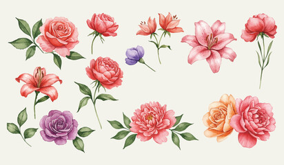 Watercolor Flower Collection Roses, Lilies, and Peonies for Creative Design, Elegant Floral Arrangement Element, Botanical Illustration