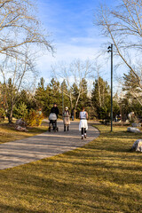 Bright park scene with people walking, jogging, and a stroller along a curved brick path beneath bare trees and a clear blue sky. Outdoor leisure and social activity.