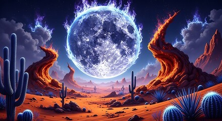 Mystical Blue Orb Burning Over a Surreal Desert Landscape at Night.