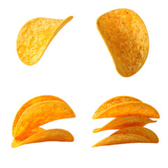 Four isolated close-up images of seasoned, crispy potato chips, stacked