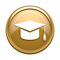 Glossy gold icon of academic mortarboard within a circular frame, set against black