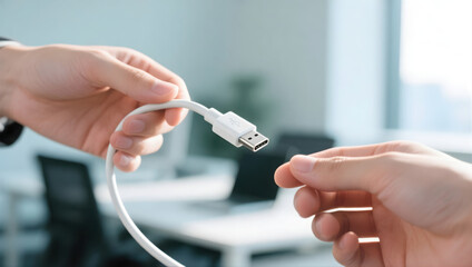 Hands exchanging USB C cable, symbolizing digital connection and support in modern workspace