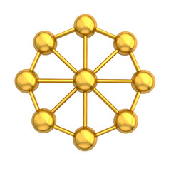 Golden geometric sphere with connected orbs on a dark background