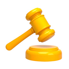 Golden gavel atop circular stand against black, used for judgment or auction