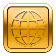 Golden globe icon within a square with rounded corners, shiny and metallic