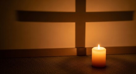 Candle casting a cross shadow on a wall