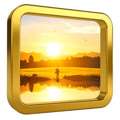 Golden-framed image of a landscape with a sunrise reflection and person