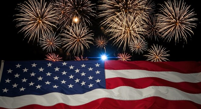 Vibrant fireworks illuminate the dark night sky above a proudly displayed American flag, celebrating a momentous national holiday with brilliant pyrotechnic bursts