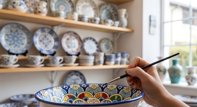 Close-up of a person's hand painting a detailed design on a ceramic bowl with a paintbrush, surrounded by shelves of pottery