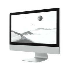 Modern computer display showing a monochrome landscape with mountains and a celestial body