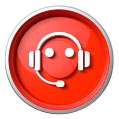 Red button with a white head-shaped headset icon, 3D effect, glossy surface