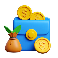 Rendered blue wallet with gold coins and a sprouting bag of gold on a black background