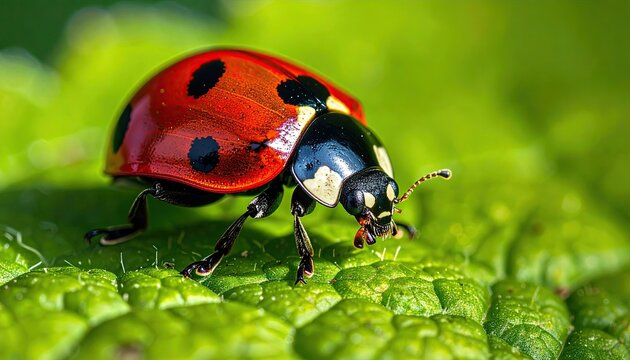 Close up macro photography of a vibrant red ladybug with black spots crawling on a bright green leaf with dew drops and soft natural lighting creating a shallow depth of field
