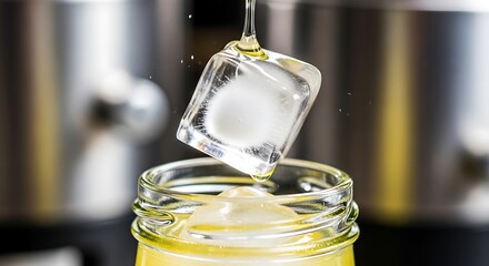 A splash of sweetness with golden syrup being poured over a clear ice cube into a glass jar for a refreshing drink